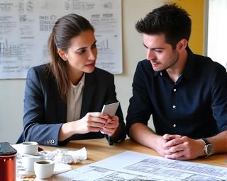 To personer diskuterer design av et instrument med et storyboard